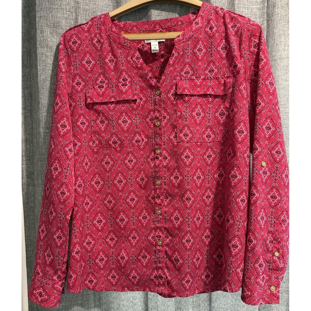 Croft & Barrow Womens Petite S Pink Roll Tab Button‎ Down v-neck pockets Shirt